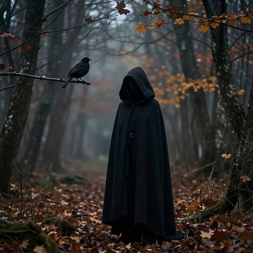 Photograph of a dark-cloaked figure in a foggy forest, hood up, facing away, with a crow perched on a branch overhead
