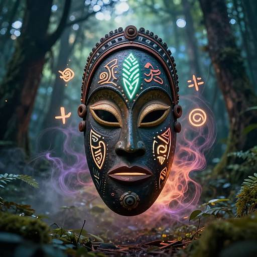 Digital fantasy artwork: mystical mask with glowing symbols and neon patterns, floating in a misty forest with vibrant, ethereal light.