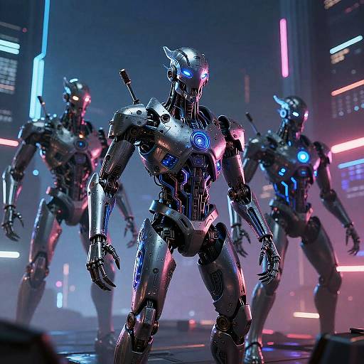 CGI image of three futuristic, metallic robots with glowing blue and pink lights, standing in a neon-lit, cyberpunk cityscape.