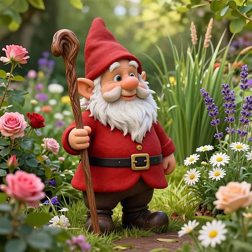 Whimsical Gnome in Blooming Garden