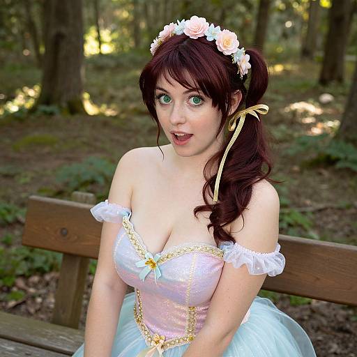 Photograph of a fair-skinned woman with green eyes, dark red hair, wearing a white off-shoulder princess dress with gold trim, flower