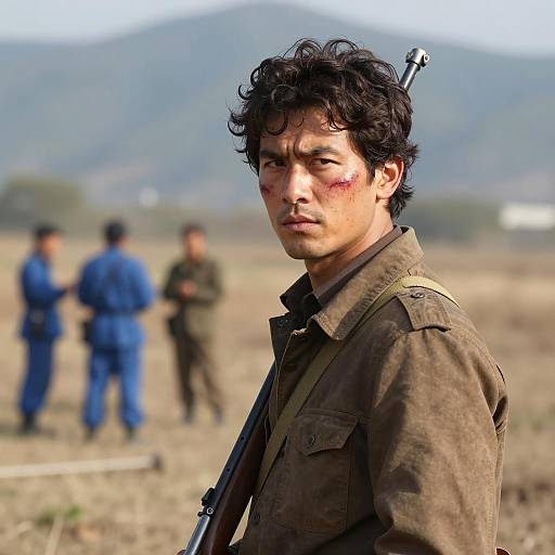 Man with rifle and facial scar in outdoor setting