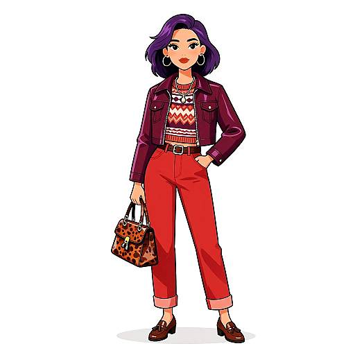 Digital illustration of a stylish woman with purple hair, wearing a purple jacket, red pants, patterned top, and brown loafers, holding a leopard