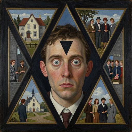 Digital collage: Central shocked man with black triangle on forehead, surrounded by six smaller portraits of people in Victorian attire, set against vintage house backgrounds.