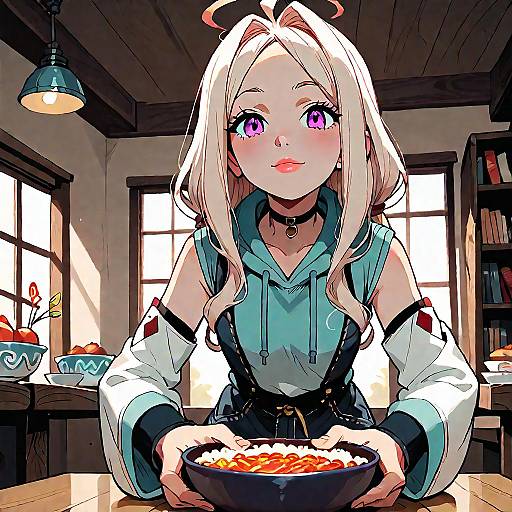 Anime Girl Sitting with Bowl