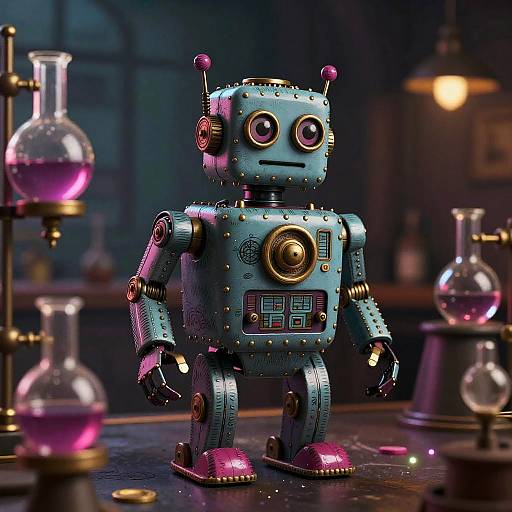Photorealistic CGI of a turquoise, vintage-style robot with pink accents, standing in a dimly lit laboratory with glowing beakers.