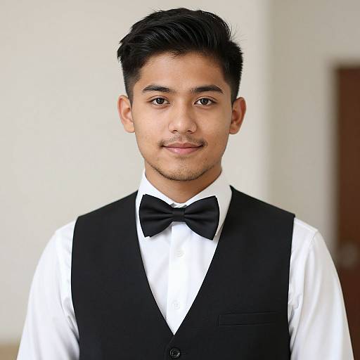 Photograph of a young Asian man with short black hair, wearing a black vest, white shirt, and black bow tie, smiling subtly. Background is