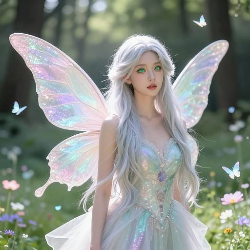 Digital fantasy artwork of a silver-haired fairy with shimmering white wings, green eyes, and iridescent dress, standing in a sunlit forest with