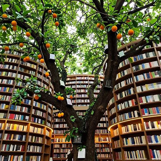 Photograph of a library with curved wooden bookshelves filled with books, framed by a large tree with orange fruits in the center. Bright green leaves