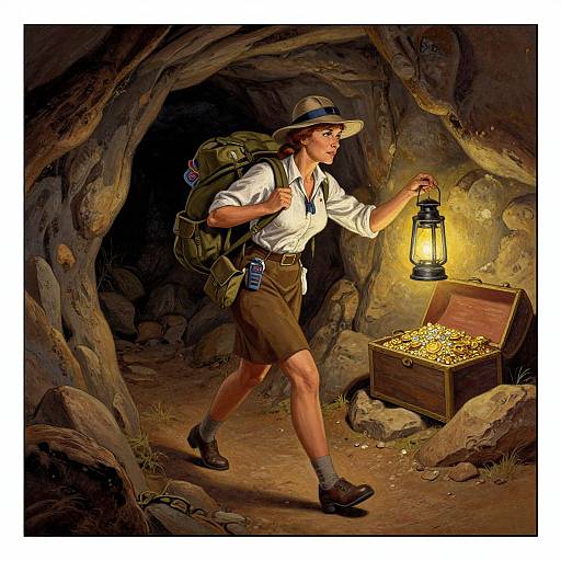 Illustration of a young man in a scout uniform, hat, and backpack, holding a lantern, walking past a treasure chest in a dim cave.