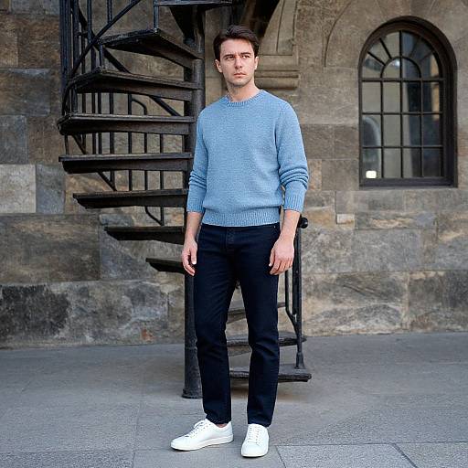 Photograph of a young man in a light blue sweater, black pants, and white sneakers, standing in front of a stone building with a black spiral