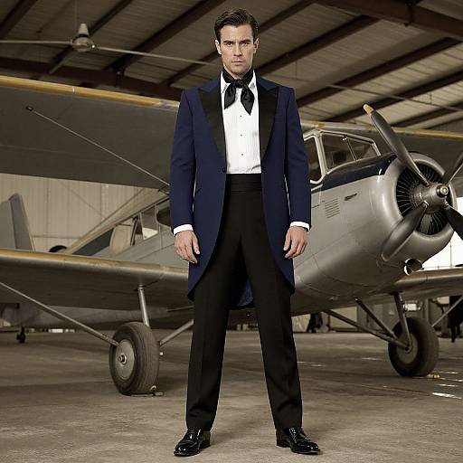 Photograph of a handsome man in a dark blue tuxedo, white shirt, black tie, standing in a hangar with a vintage silver airplane