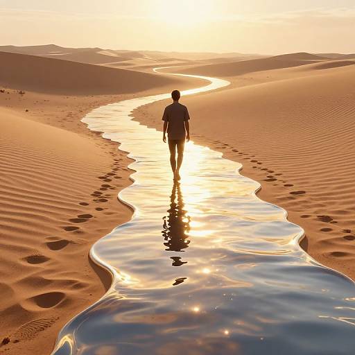 Silhouetted person walks along a reflective, winding water path through golden desert sand at sunset, creating a serene, mirage-like effect.