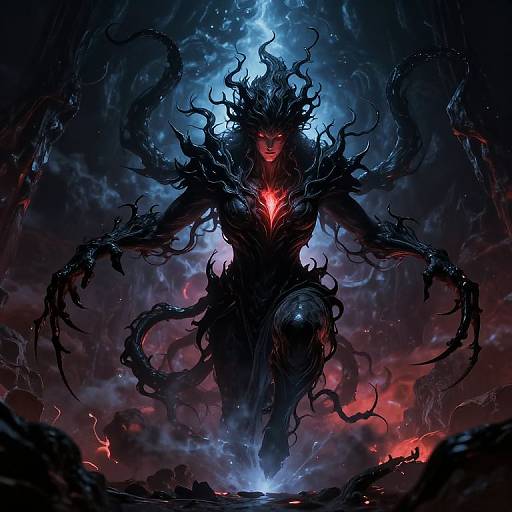 Digital fantasy artwork of a dark, demonic figure with twisted black limbs, glowing red heart, and intense blue aura, emerging from a smoky, fiery