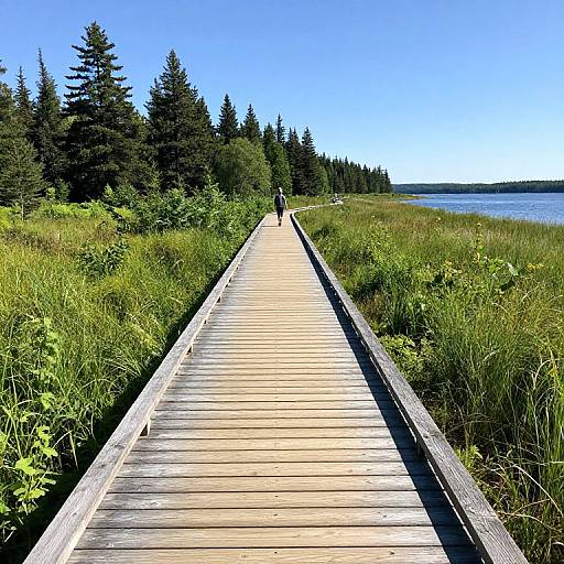 Photograph of a wooden boardwalk extending through lush green grass and pine trees, leading to a clear blue lake under a bright, cloudless sky.