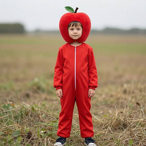 Photograph of a young boy in a red apple onesie with a hood and leaf, standing in a grassy field.
