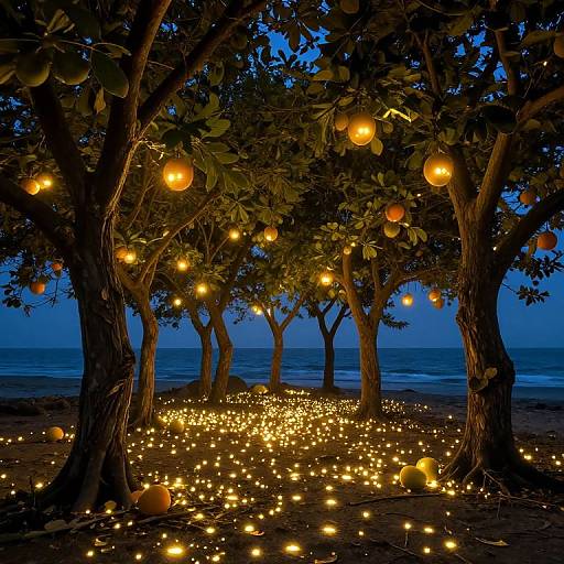 Photograph of a twilight beach scene with trees adorned with glowing orange lanterns and scattered fairy lights, surrounded by orange fruits.