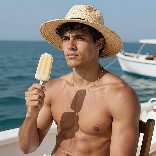 Shirtless Man in Straw Hat Holding Popsicle on Boat
