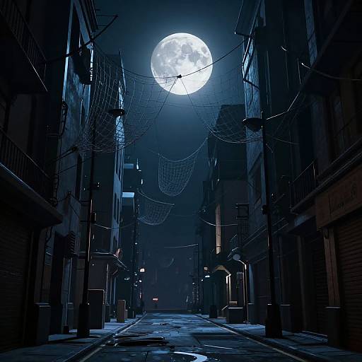 Dark, narrow alley illuminated by a full moon overhead, casting blue light on tangled wires and shadowy buildings. Photorealistic digital art.
