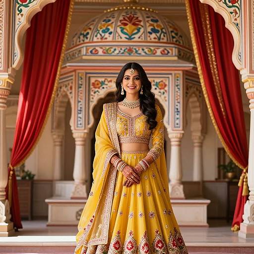 Indian bride in yellow lehenga with intricate gold embroidery, standing in ornate Mughal-style archway with red drapes, smiling. Photoreal