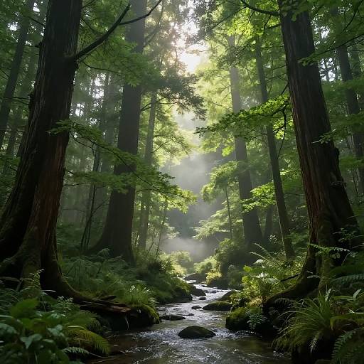 Photograph of a serene, sunlit forest with tall, towering redwoods, a gentle stream, lush green ferns, and misty light filtering