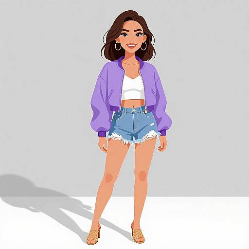 Digital illustration of a smiling woman with medium brown skin, dark brown hair, wearing a purple jacket, white crop top, high-waisted denim shorts