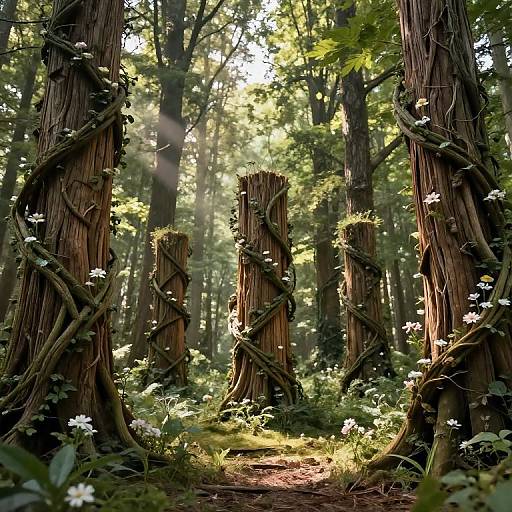 Photograph of a sunlit forest with tall, twisted redwood trees, vines, white flowers, and a dappled forest floor, bathed