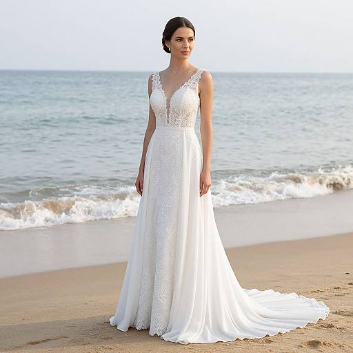 Photograph of a brunette woman in a white lace, sleeveless wedding dress standing on a sandy beach with gentle waves.