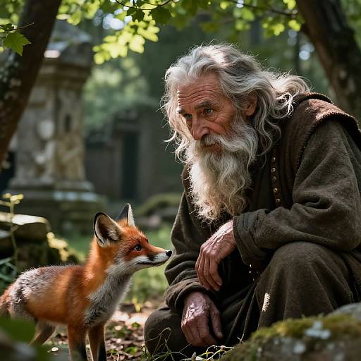 Photograph of an elderly bearded man with long white hair, dressed in a brown robe, sitting in a forest, gazing at a red fox