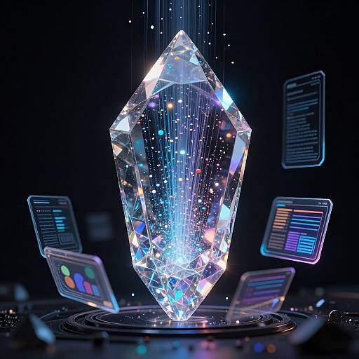 Digital CGI of a glowing, crystal diamond hovering above floating, neon-lit laptops with screens displaying data against a dark background.
