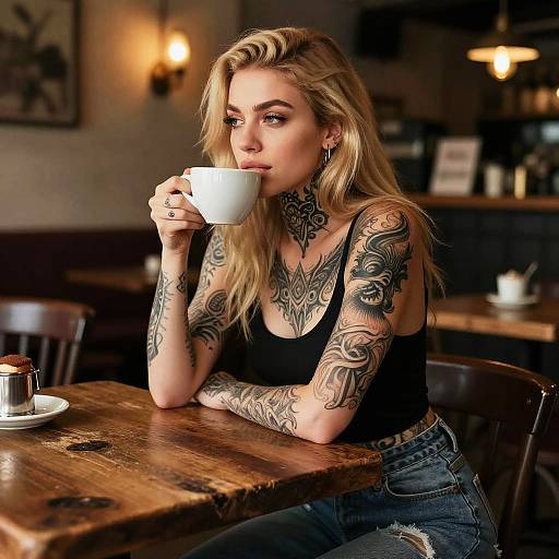 Tattooed blonde woman with long hair, black tank top, and ripped jeans sips coffee in dimly lit, cozy café. Photographic
