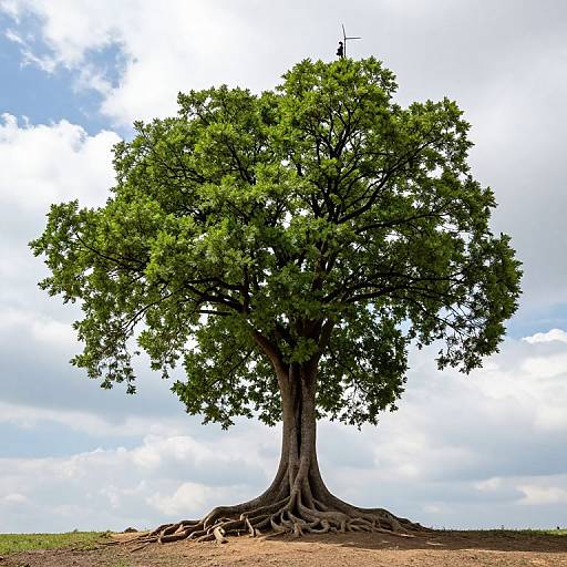 Photograph of a large, lush green tree with extensive roots, standing alone on a dry, sandy soil against a bright blue sky with scattered clouds.
