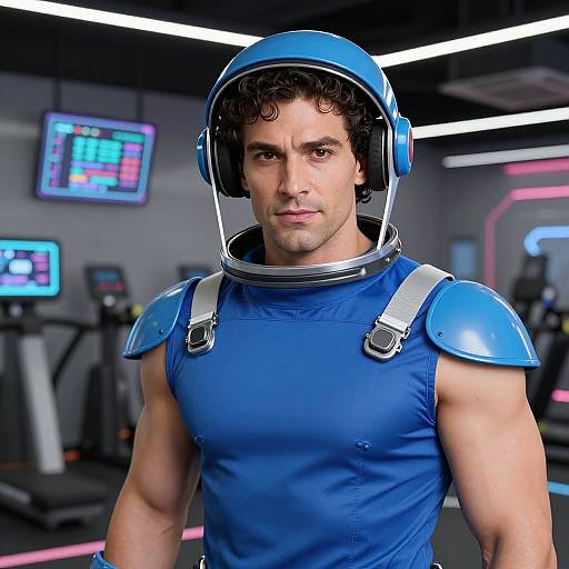 Photograph of a muscular man with curly dark hair wearing a blue helmet and matching armor, standing in a futuristic gym. Neon lights and fitness equipment in