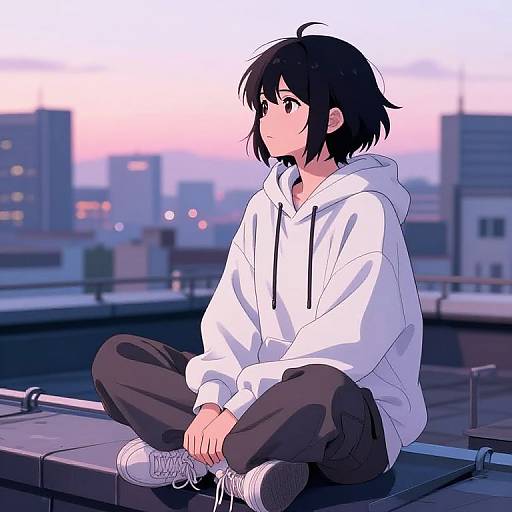 Anime-style digital drawing of a black-haired, short-haired boy in a white hoodie and black pants, sitting cross-legged on a rooftop at sunset, city
