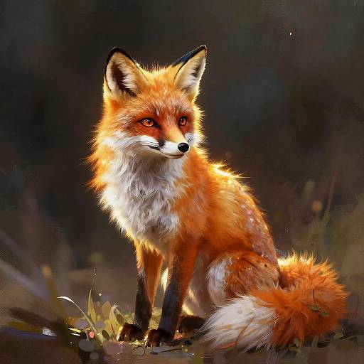 Digital painting of a vibrant red fox with glowing eyes, fluffy orange fur, white chest, and black-tipped ears, sitting in a dark, blurred