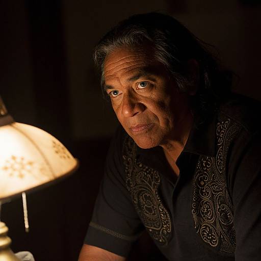 Photograph of a middle-aged man with medium brown skin and gray hair, wearing a black embroidered shirt, illuminated by a warm lamp in a dark room