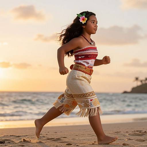 Photograph of a young girl with dark skin and long black hair, wearing a floral headpiece, red and white striped top, and fringed skirt