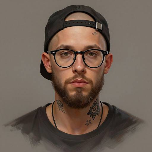 Digital portrait of a bearded man with glasses, black backward cap, tattoos on neck, wearing a black shirt, against a gray background.