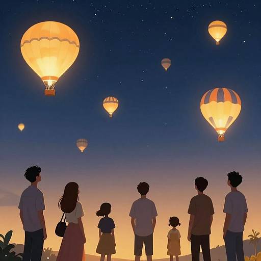 Digital illustration of a family of six silhouetted against a twilight sky, watching colorful hot air balloons float above.