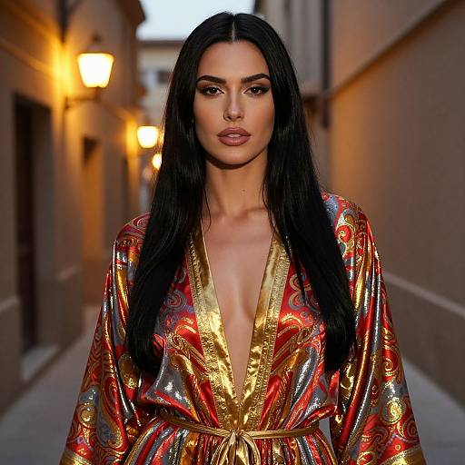 Photograph of a woman with long black hair, wearing a metallic red and gold floral robe, standing in a dimly lit, narrow alleyway with
