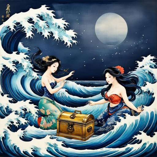 Traditional Japanese Style Mermaid and Sailor with Treasure Chest