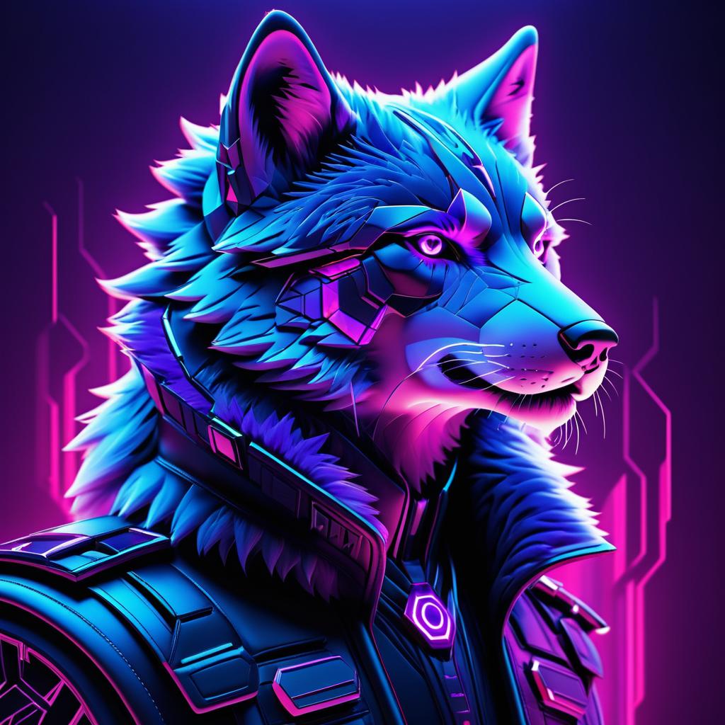 Futuristic Violet Wolf in Cyberpunk Style