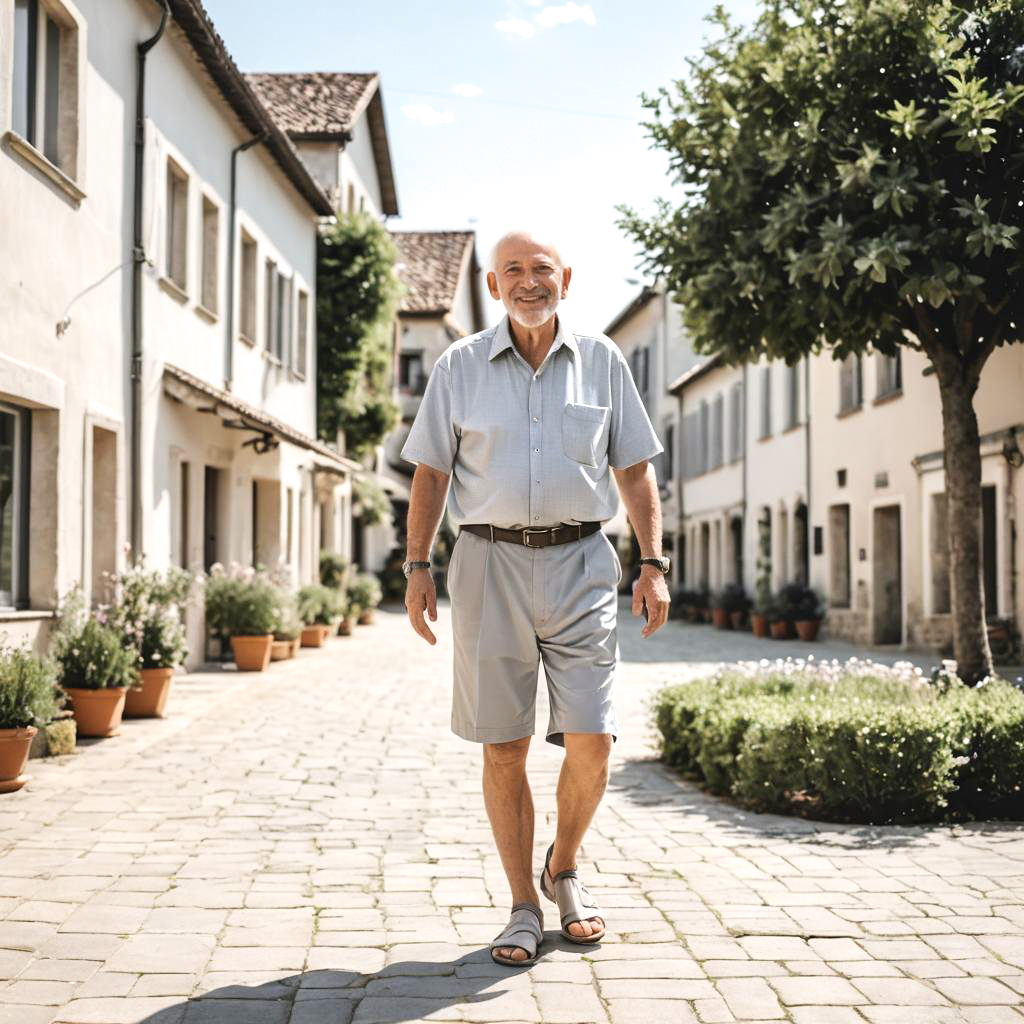 Joyful Grandfather Strolling in Village