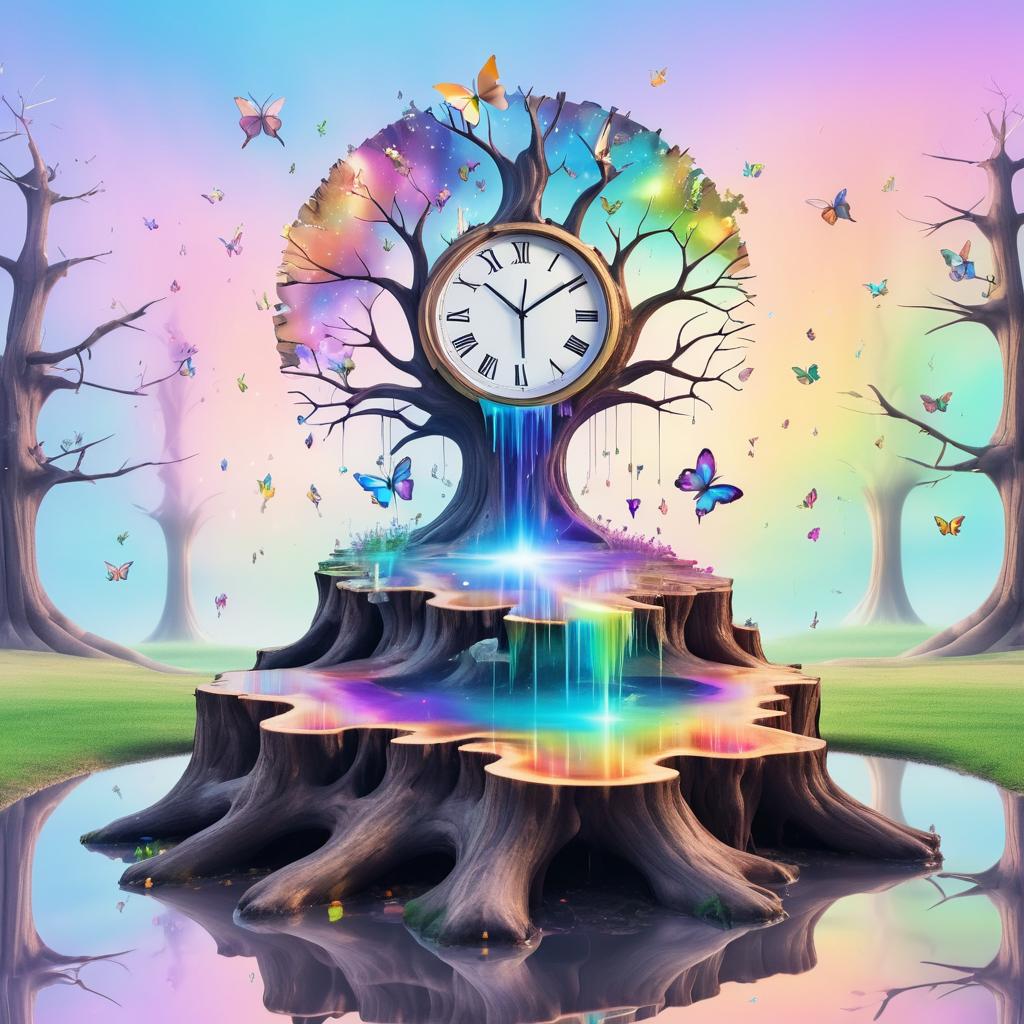 Surreal Clock Melting on Tree Stump