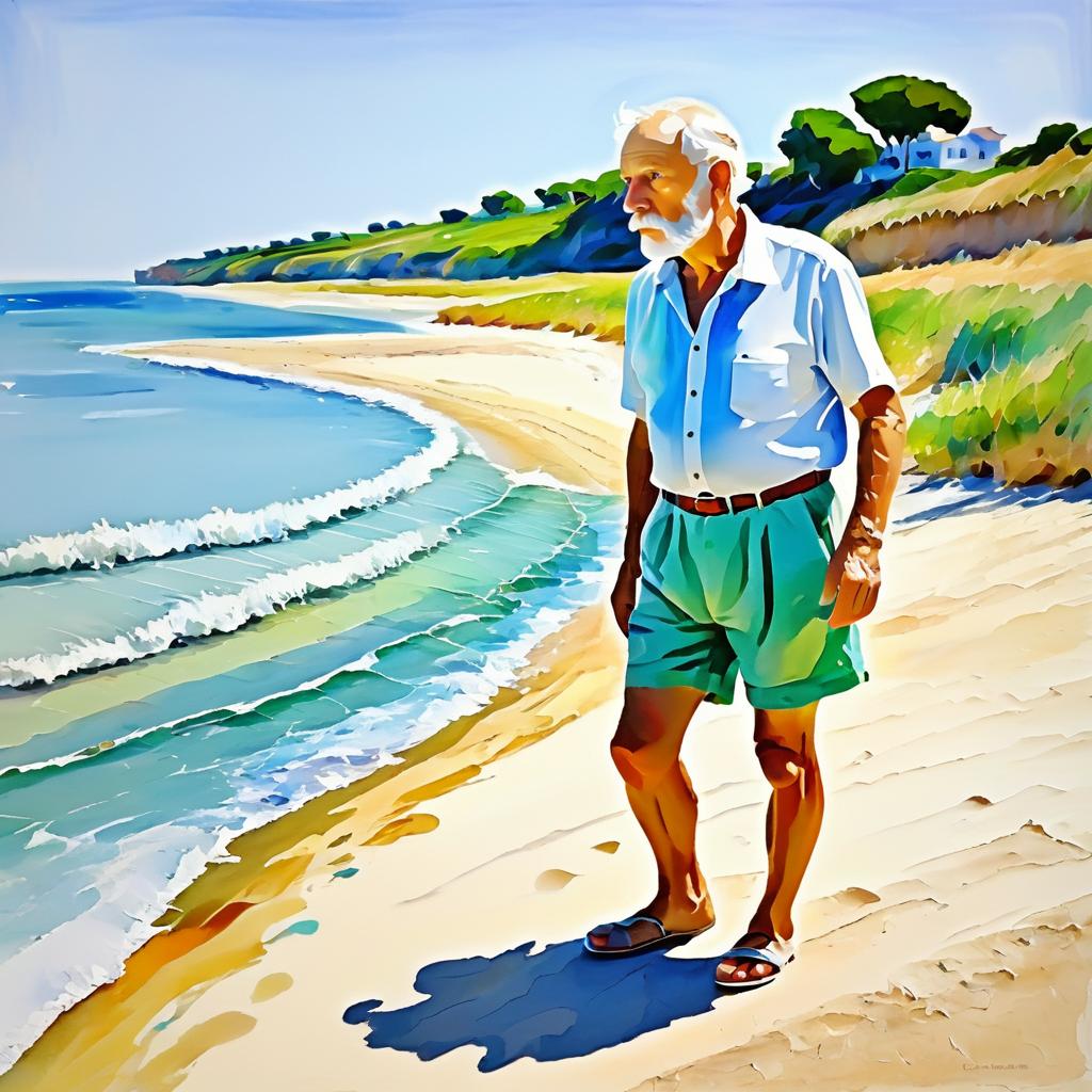 Impressionistic Beach Scene of a Reflective Elderly Man