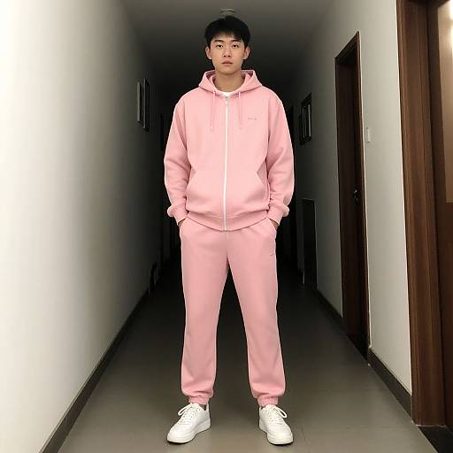 Photograph of an Asian man standing in a dimly lit hallway, wearing a light pink hoodie and matching pants, white sneakers, hands in pockets,