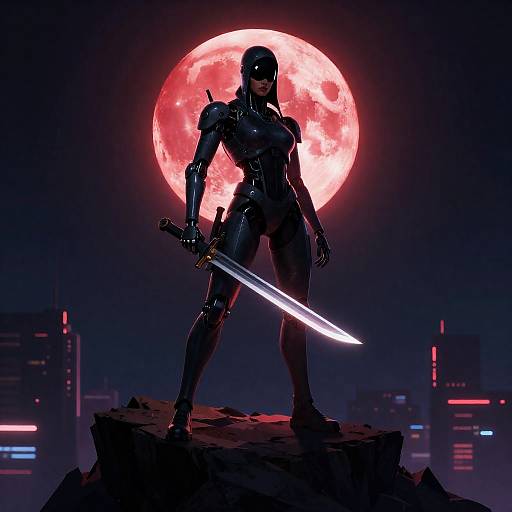 Cybernetic Assassin Under Crimson Moon