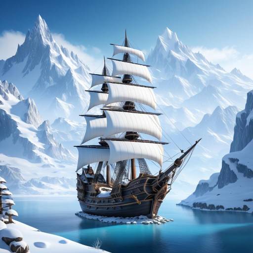 Pirate Ship in Snowy Mountain Landscape