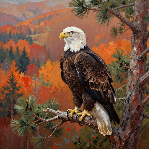Digital painting of a majestic bald eagle with white head and yellow beak, perched on a pine branch, overlooking an autumn forest with vibrant red,