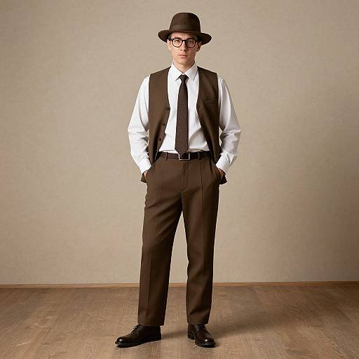 Photograph of a man in vintage attire: black bowler hat, black vest, white shirt, black tie, brown pants, black shoes, standing